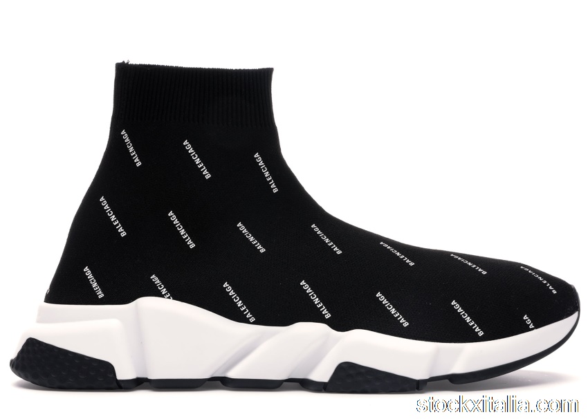 Outlet Balenciaga Speed Trainer Logo Print Black White 506336W06501006