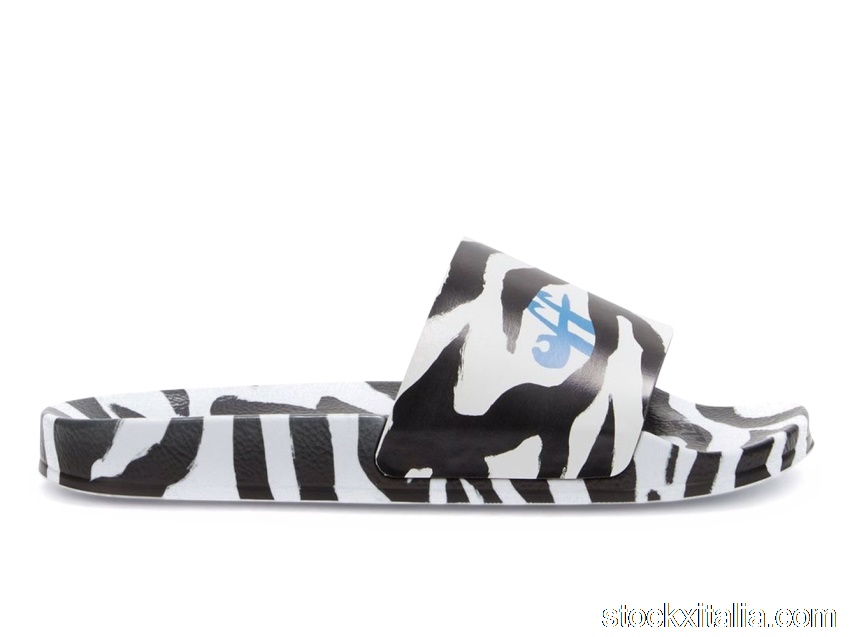 Outlet OFF-WHITE Pool Slides Zebra Print Black White Blue (W) OWIC004S22MAT0011001